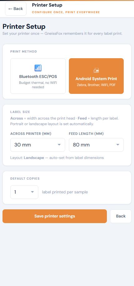 Printer Setup with Android System Print selected