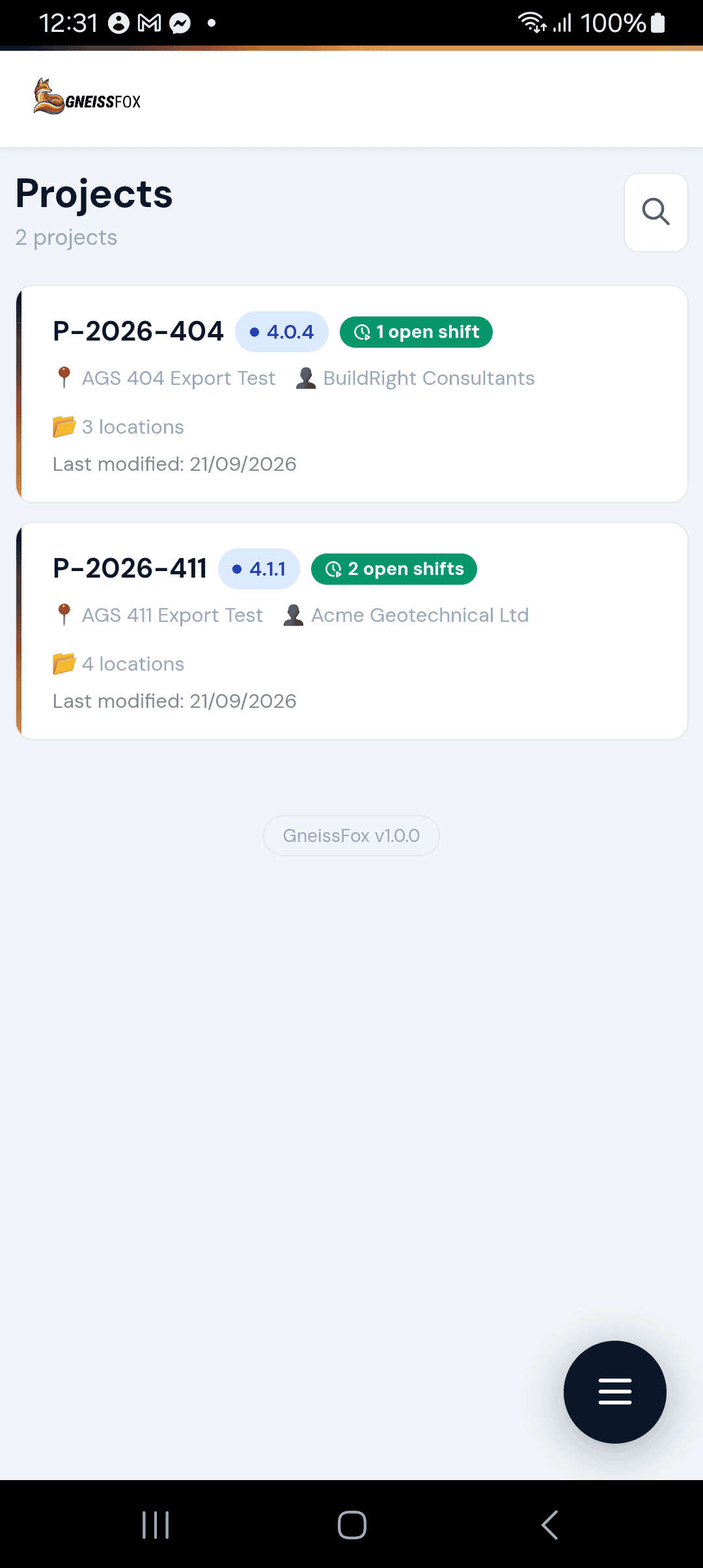 Projects list screen