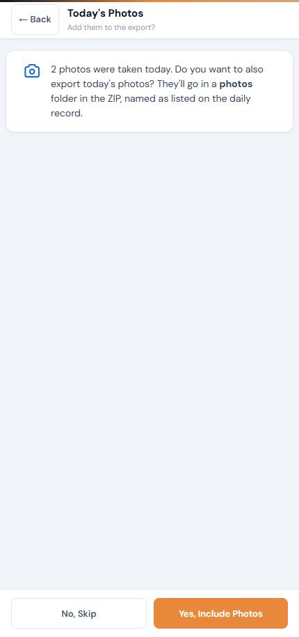 Today's Photos step asking whether to include photos in the export