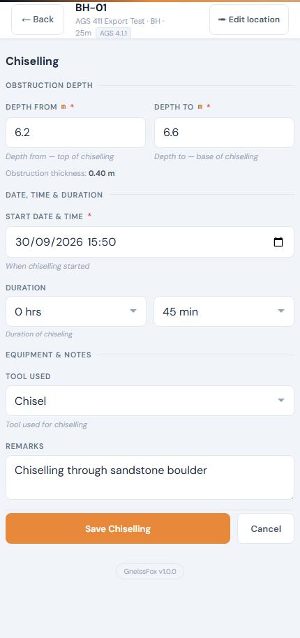 Chiselling form with depths, duration and tool