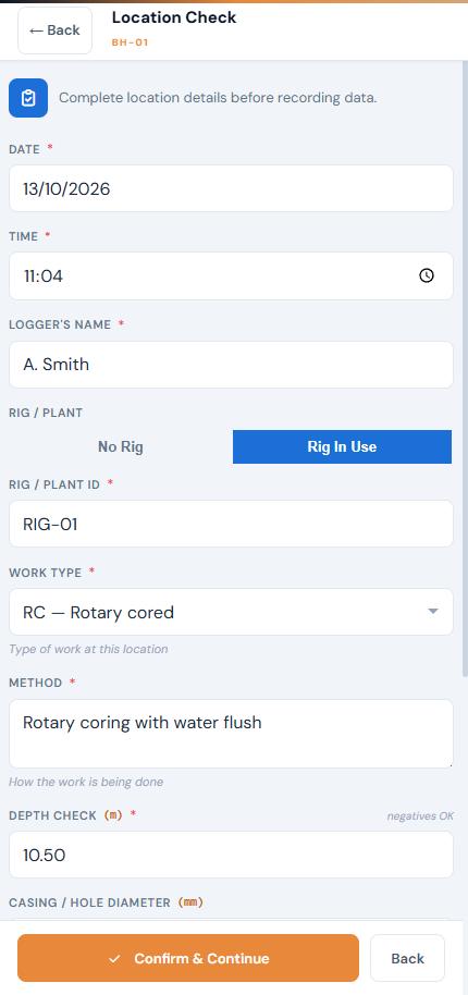 Location Check full-screen form with Method written as free text