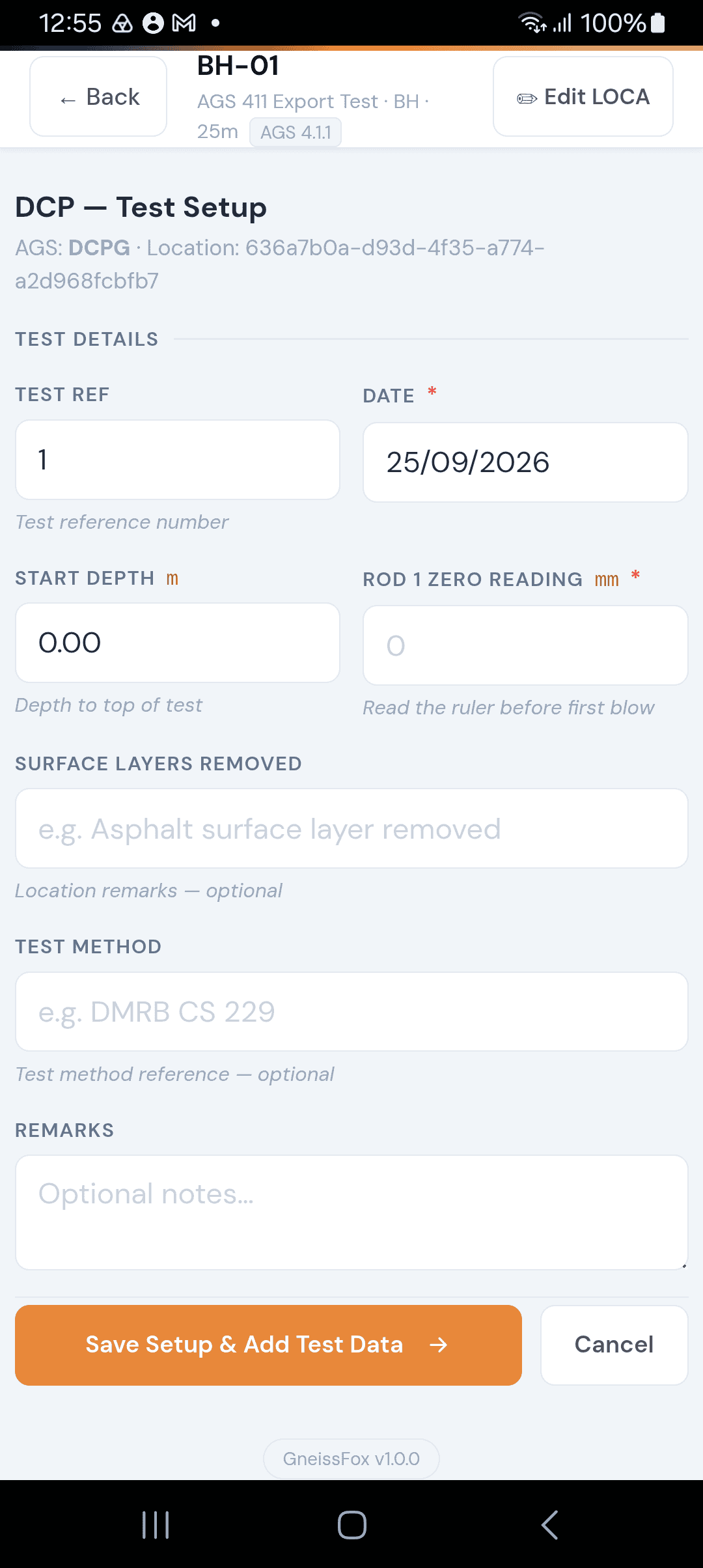 DCP test setup form