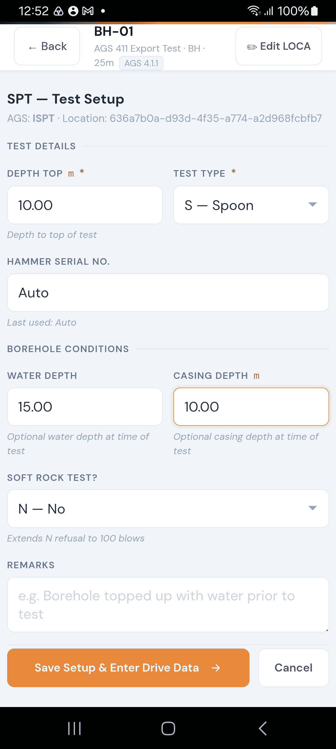 SPT test setup form