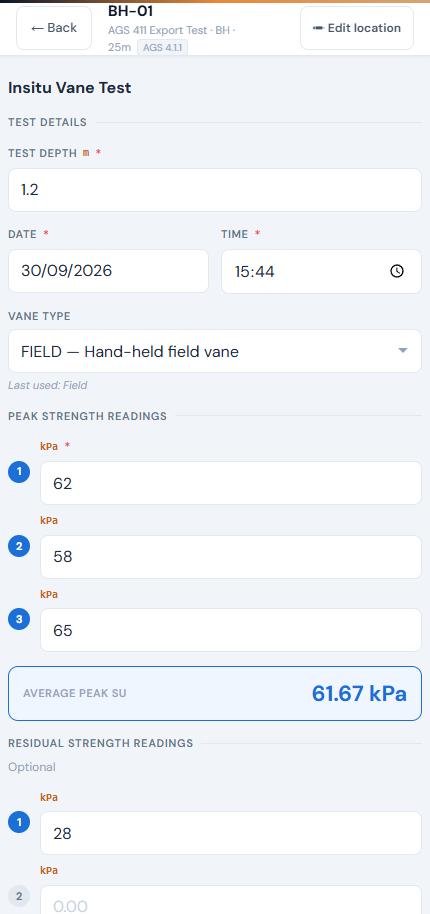 Hand vane form with peak readings and average shear strength