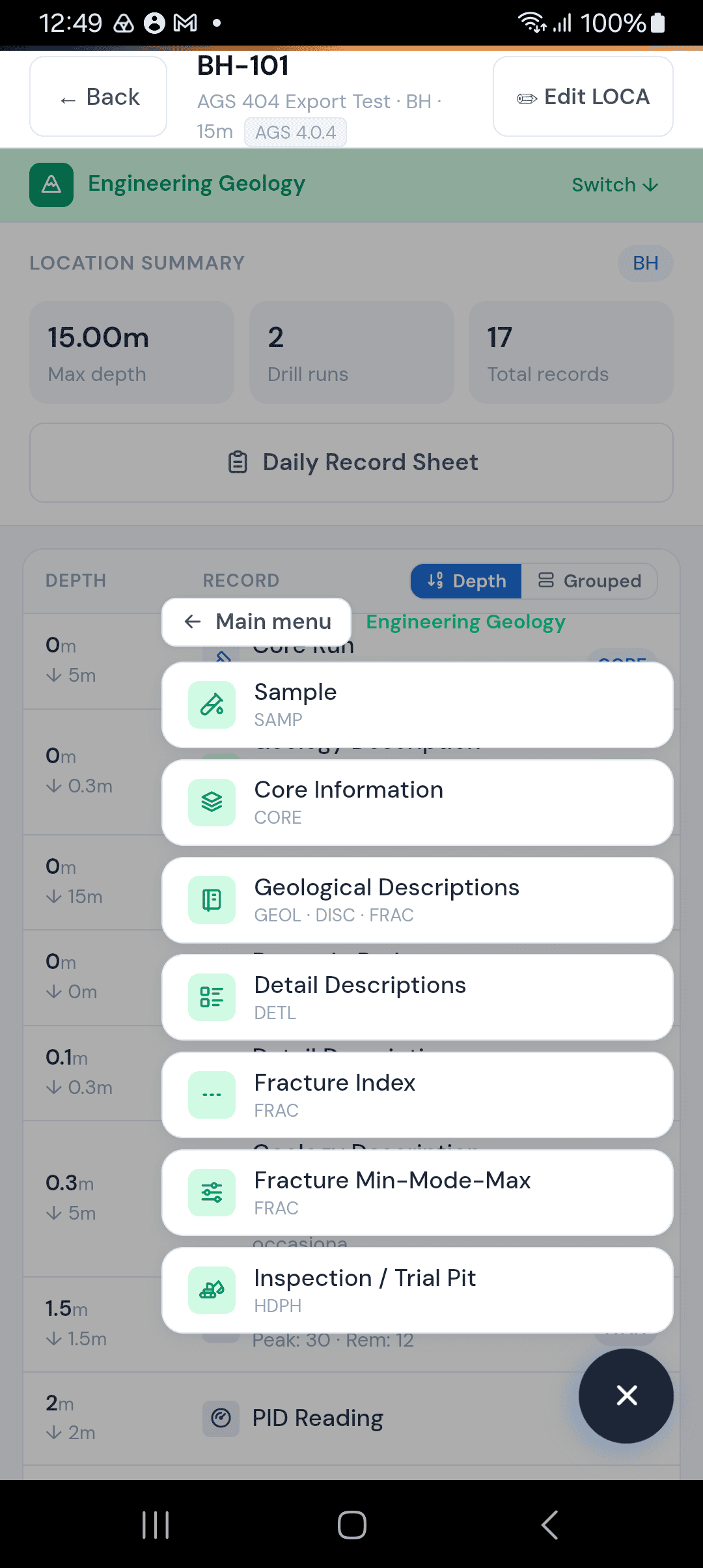 Add record menu — Engineering Geology section