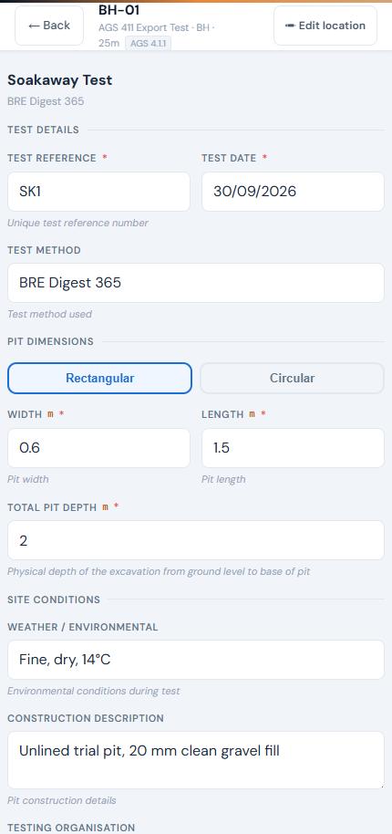 Soakaway test details, pit dimensions and site conditions