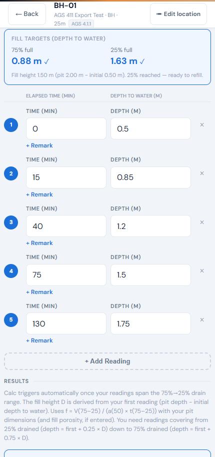 Soakaway readings with 75% and 25% fill targets