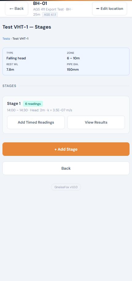 Test stages with readings and results buttons