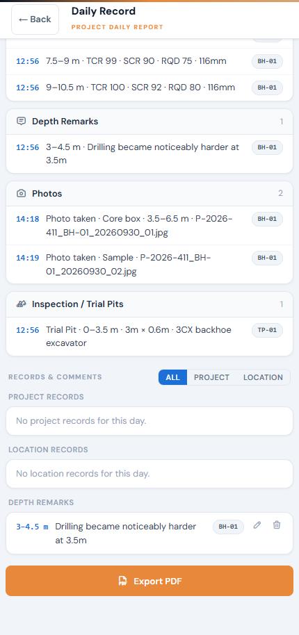 Daily Record Sheet showing Photo taken lines with file names