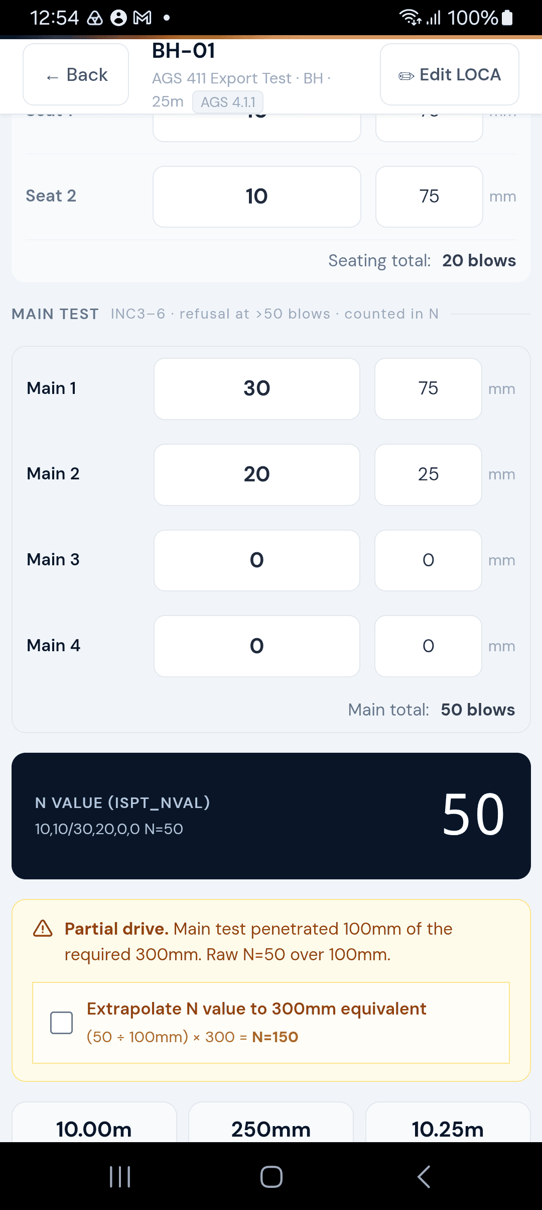 SPT partial drive — raw N=50