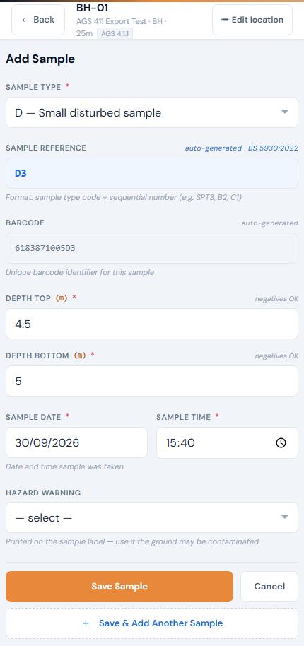 Add sample form with auto-generated reference and barcode