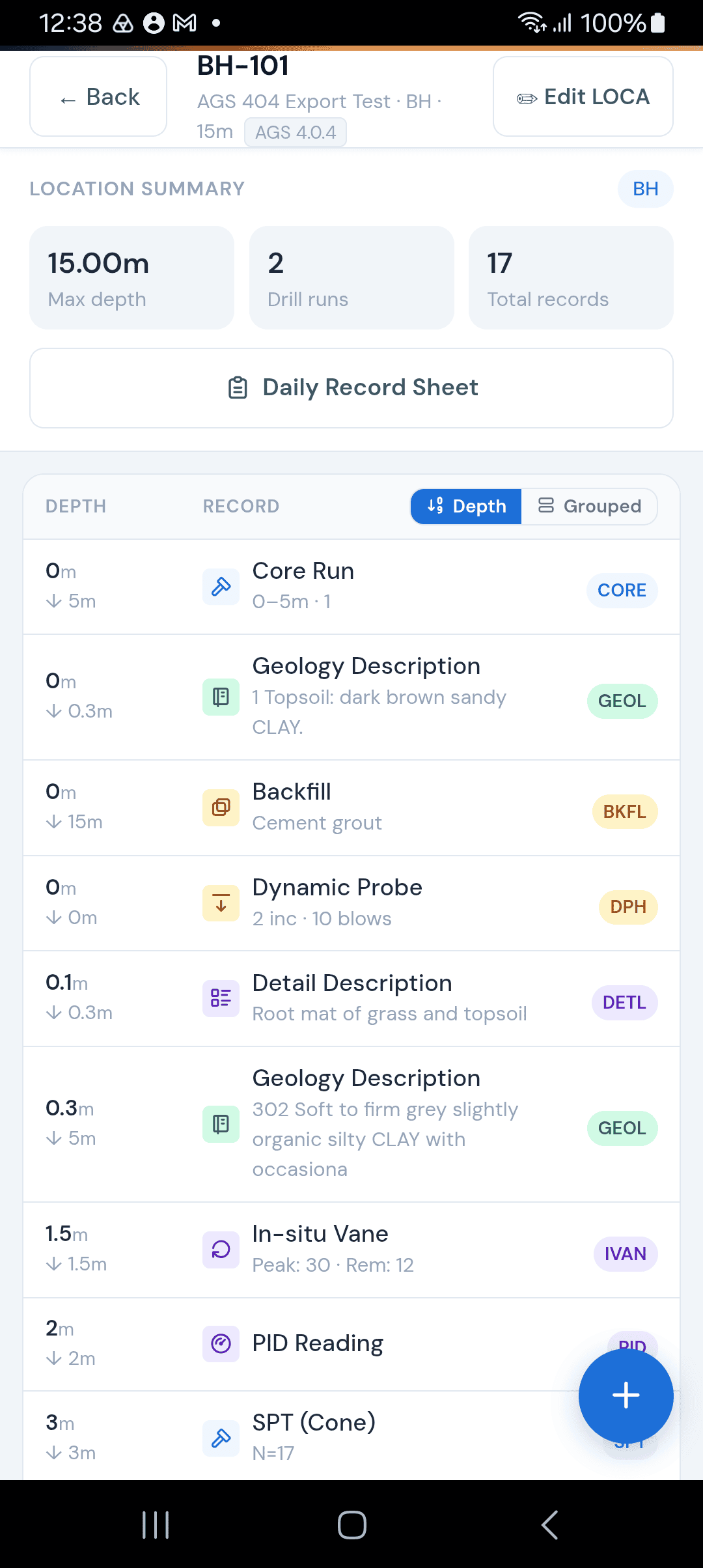 Depth log — by depth view