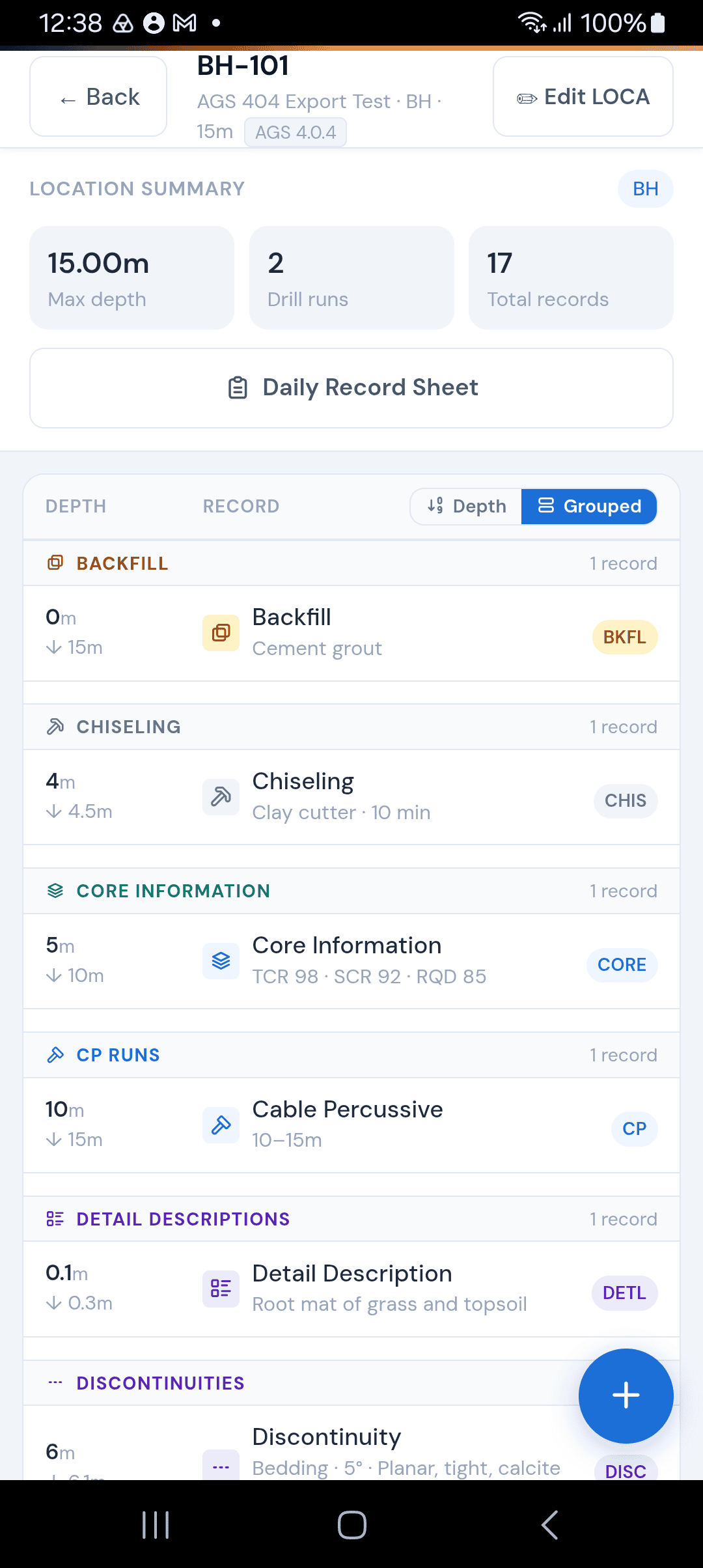 Depth log — grouped view