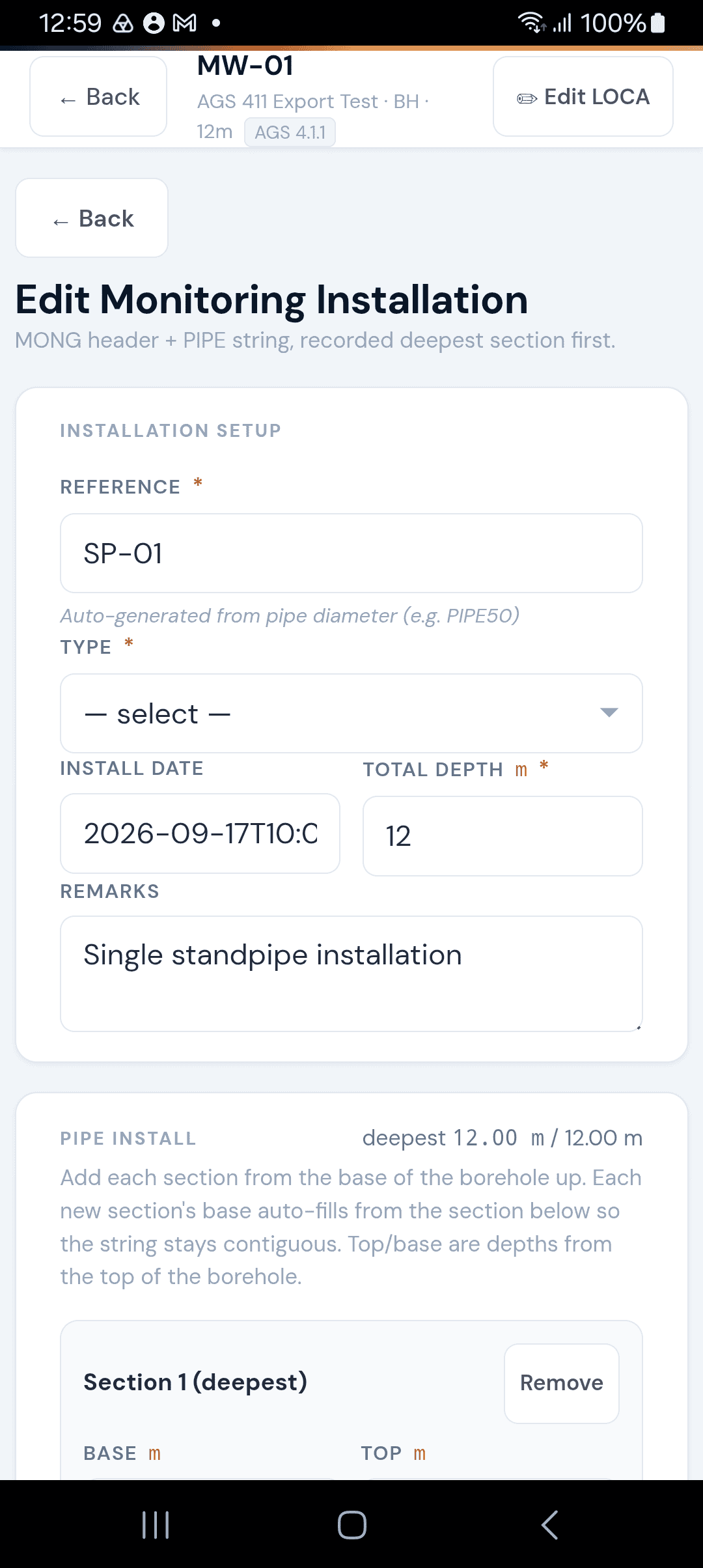 Monitoring installation setup form