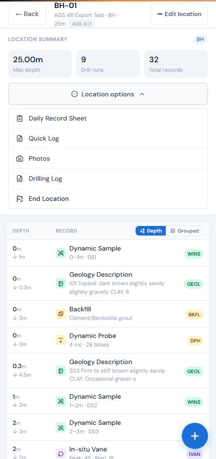 Location options menu with Drilling Log