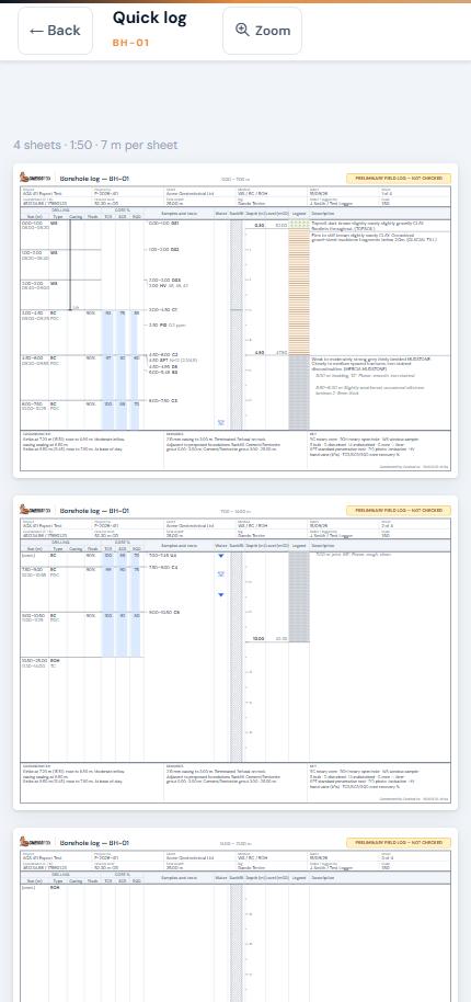 Quick Log showing 1:50 log sheets for BH-01