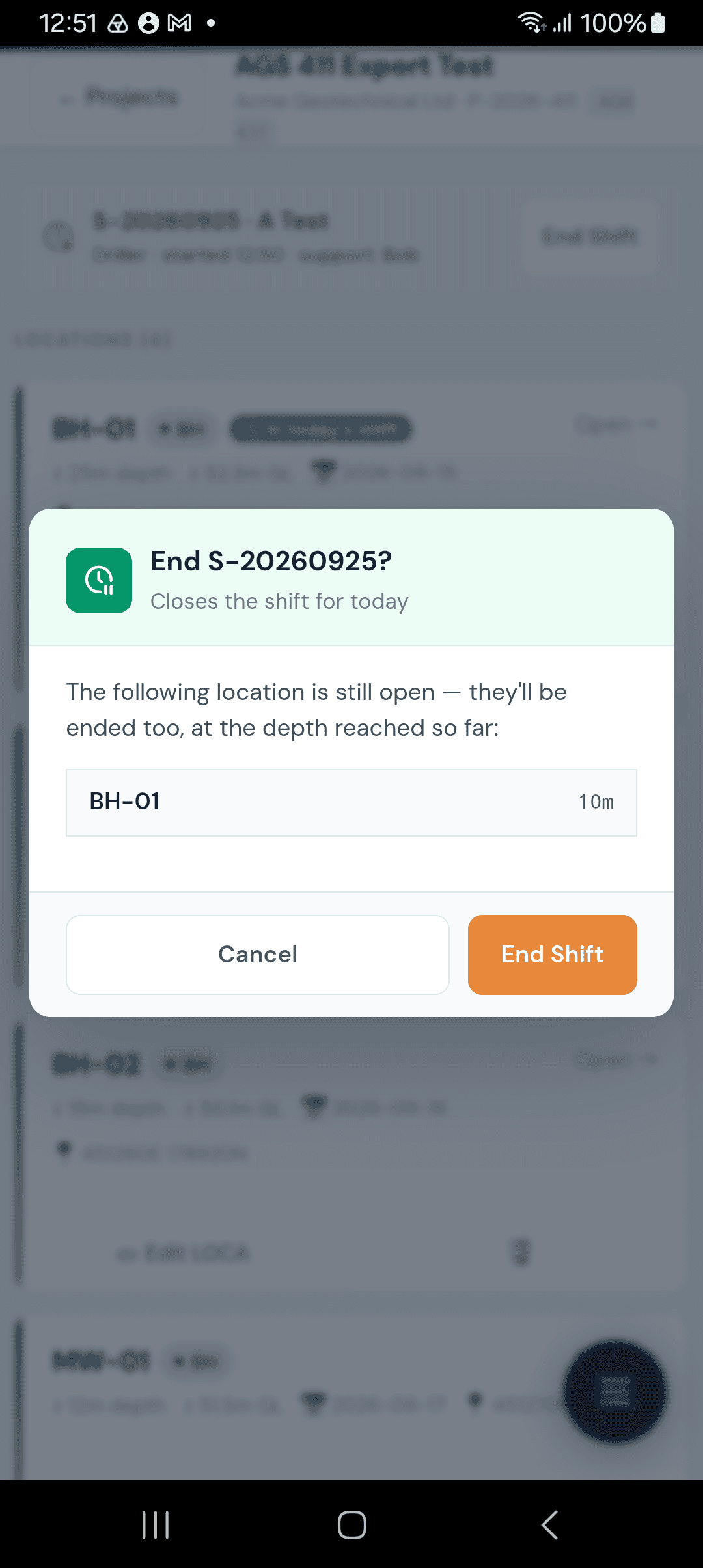 End shift confirmation screen