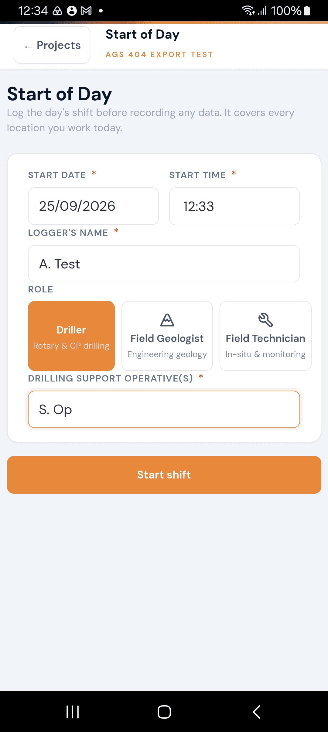 Start of day form — Driller role