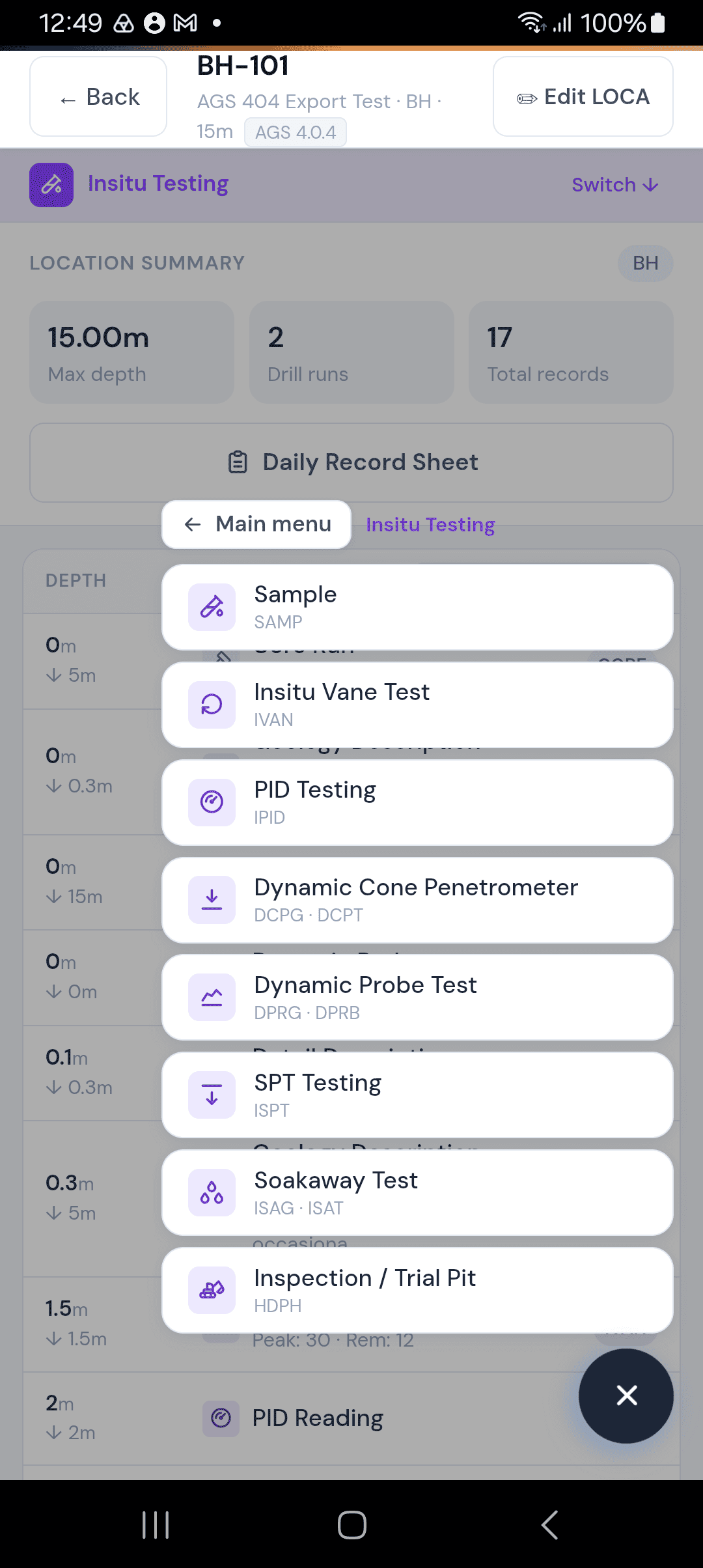Add record menu — in-situ testing section