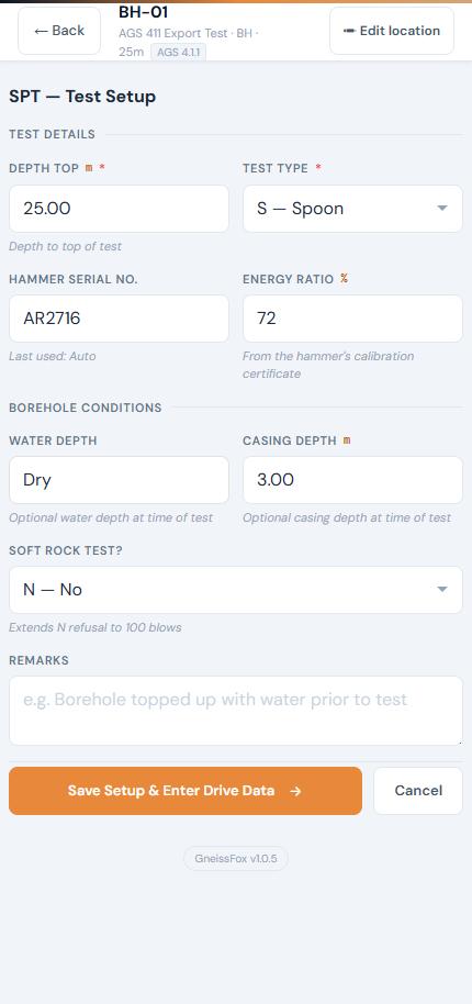 SPT test setup with Hammer Serial No. and Energy Ratio
