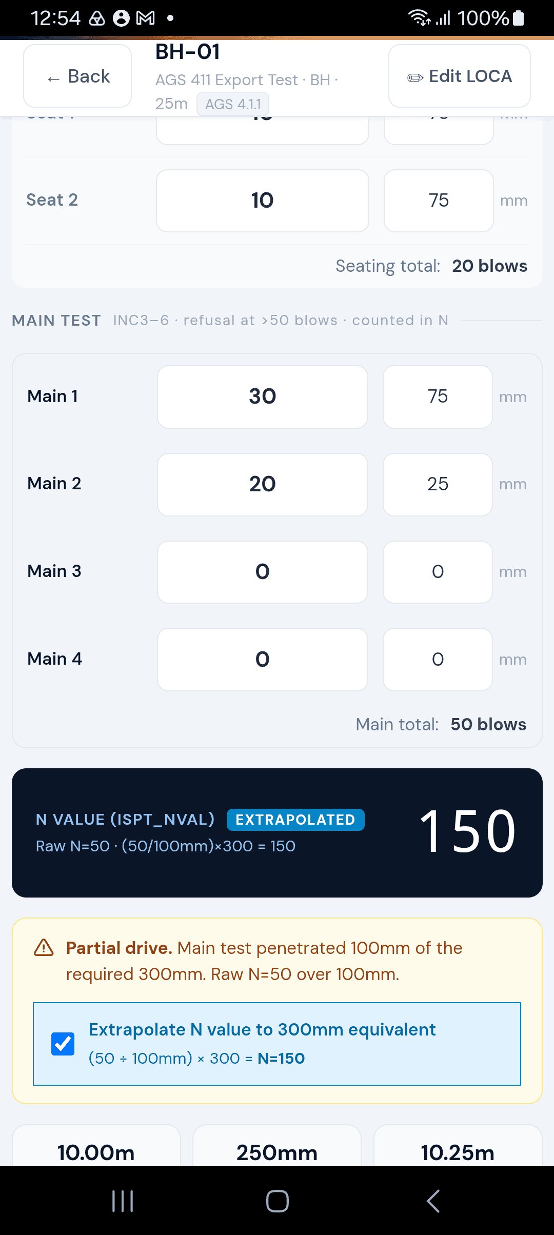 SPT partial drive — extrapolated N=150