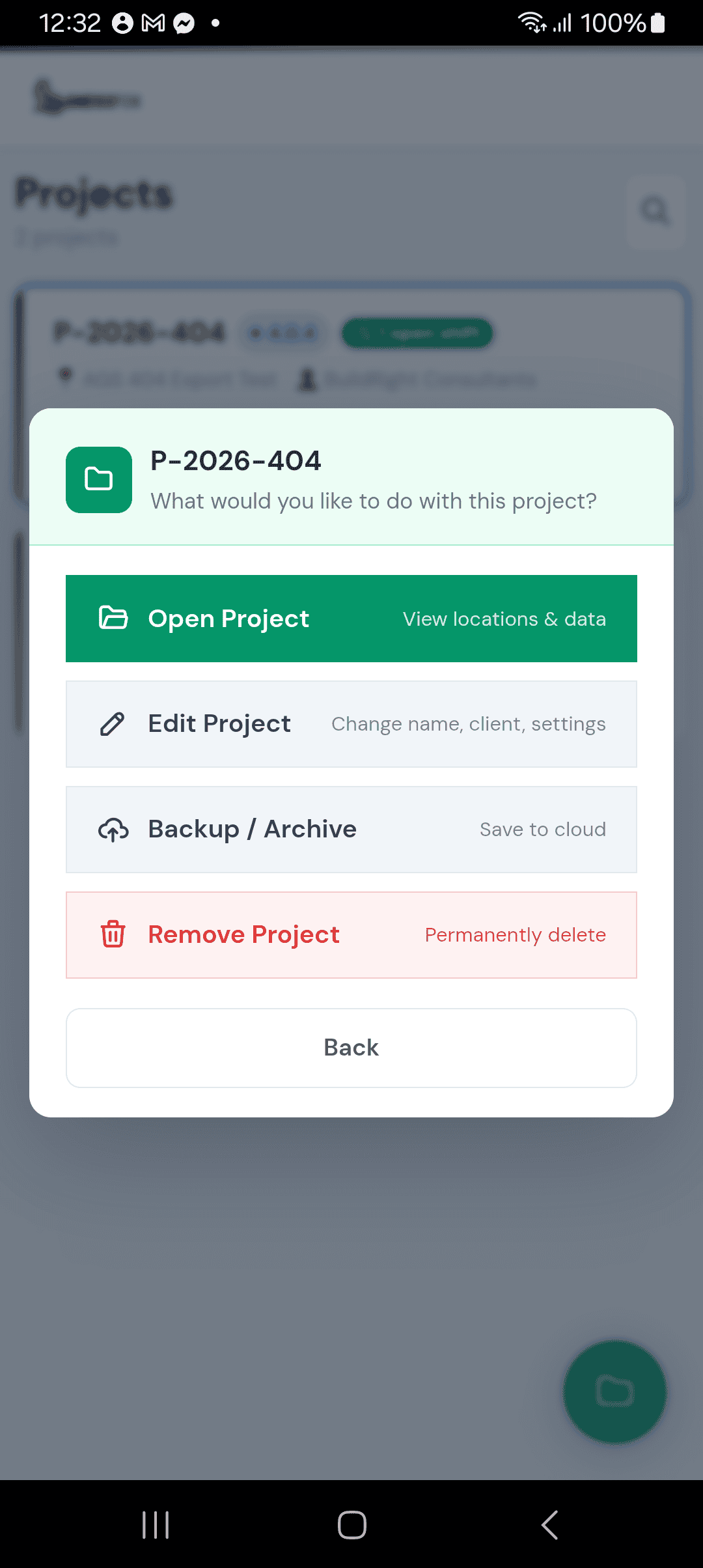 Project actions menu showing Backup and Restore options