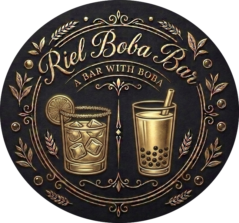 Riel Boba Bar logo with cocktail and bubble tea icons.
