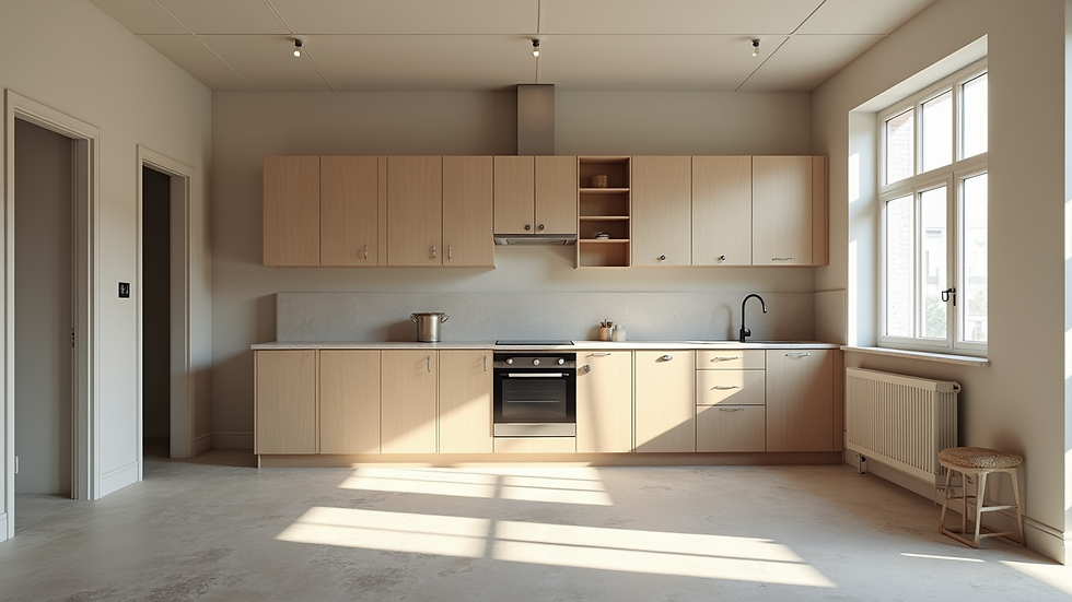 Wide angle view of a partially renovated kitchen with construction materials