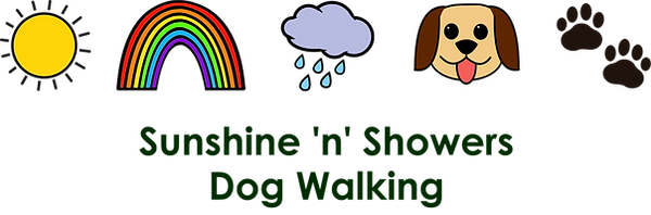 Logo with sun, rainbow, rain cloud, dog, paw prints