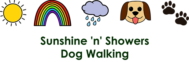 Logo with sun, rainbow, rain cloud, dog, paw prints
