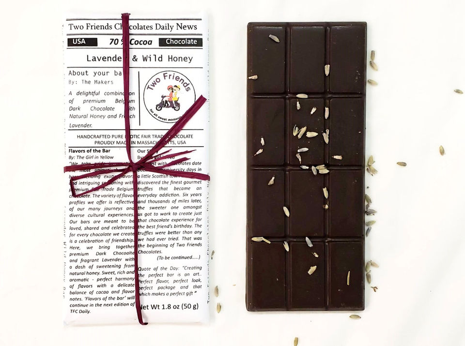 Lavender honey chocolate bar with newspaper-style wrapper