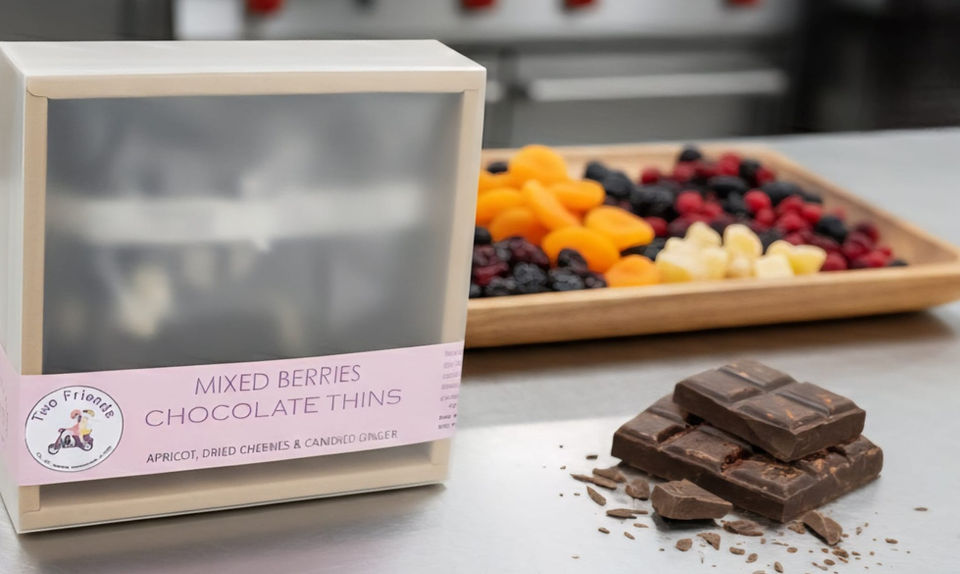 Mixed Berries Chocolate Thins box, dried fruit, and chocolate