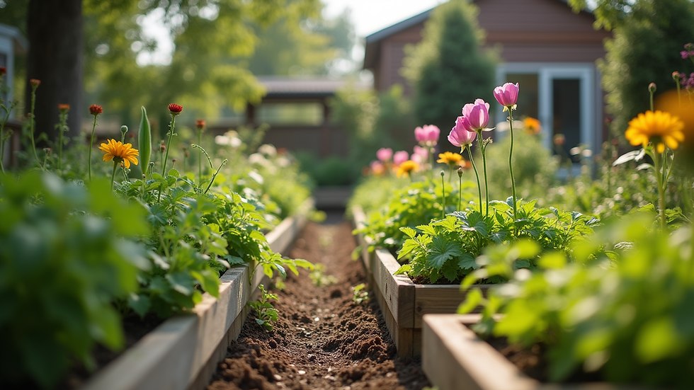 Eye-level view of a community garden flourishing with diverse plants
