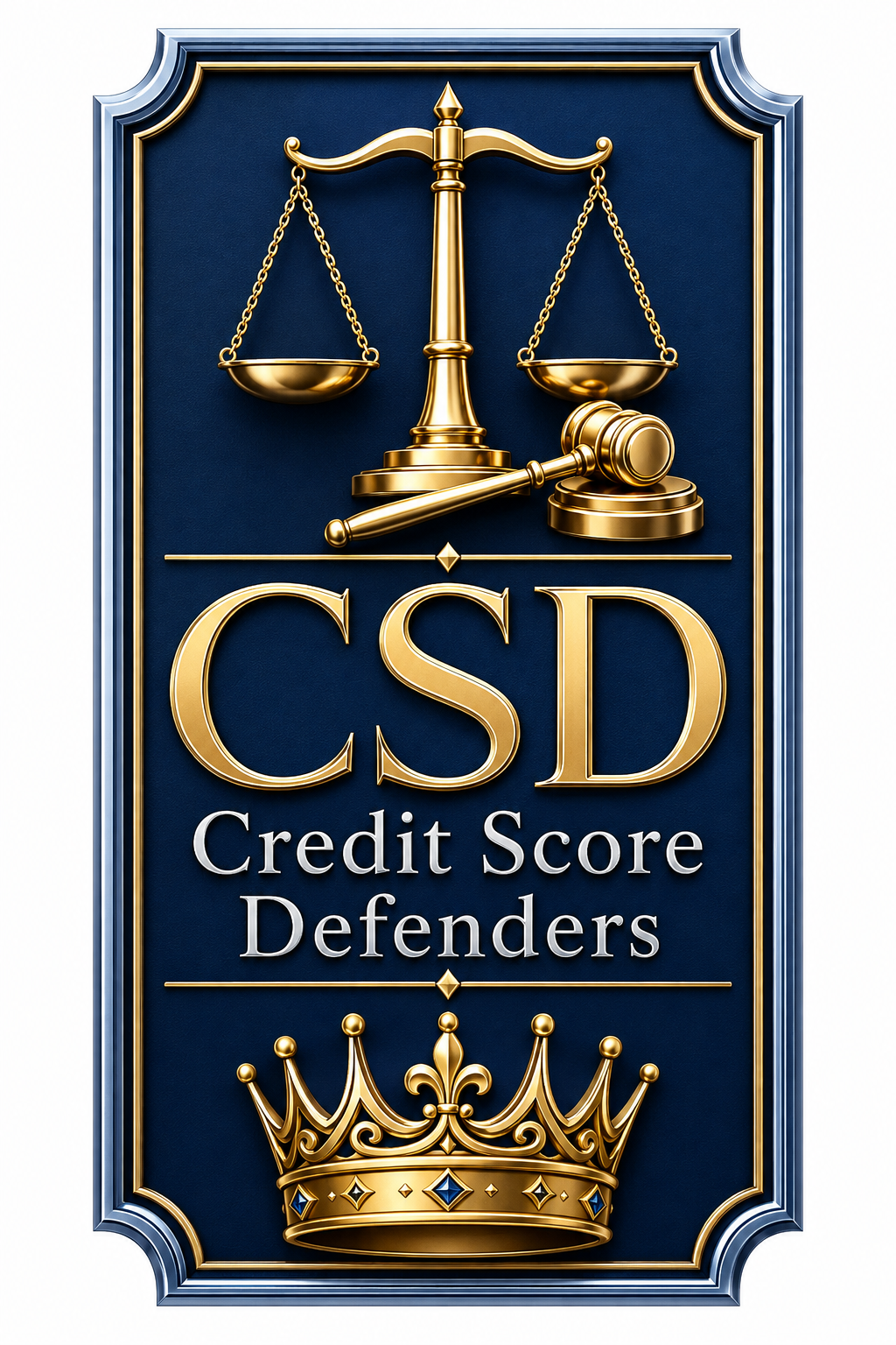 CSD Credit Score Defenders legal emblem with scales of justice and gavel