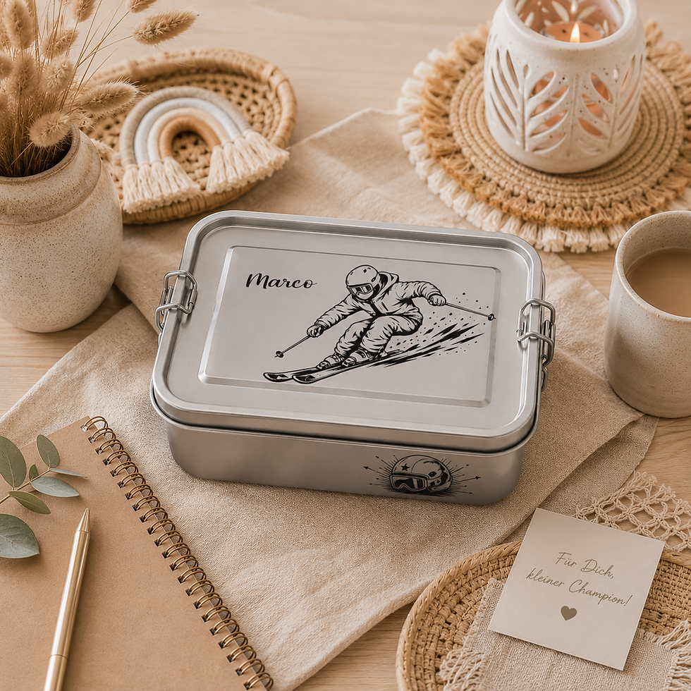 Personalisierte Lunchbox für Kinder im coolen Skifahrer-Design mit Namen