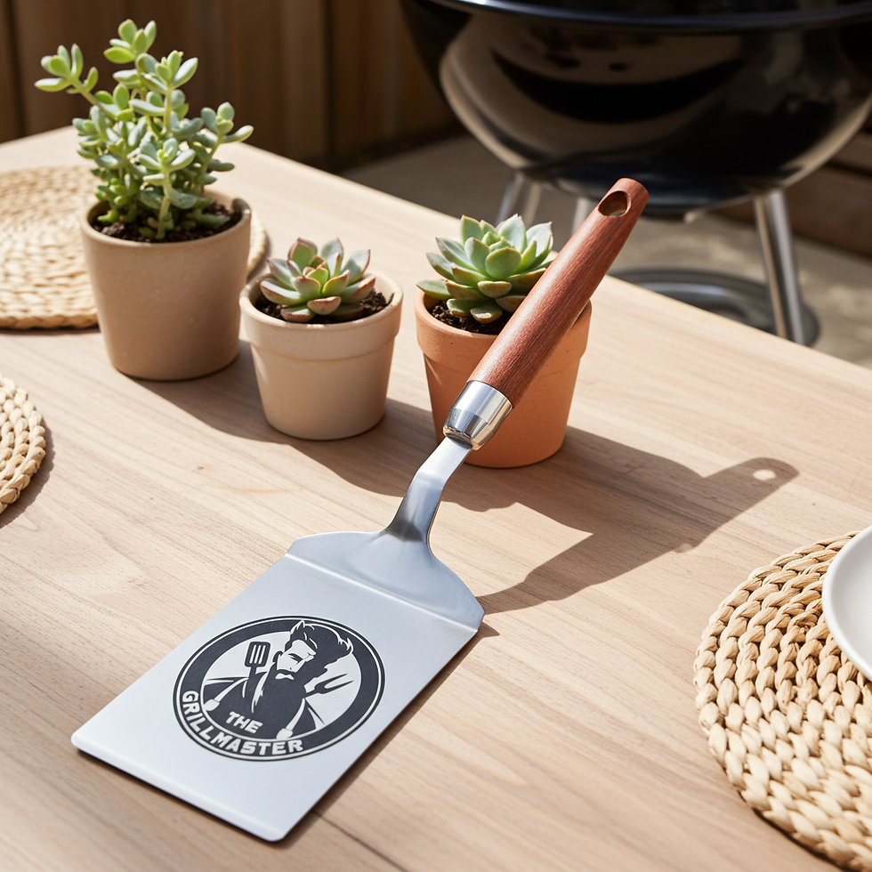 Miniaturbild: Personalisierter Grillwender BBQ King  „Wendelin Grillmaster“ - Edelstahl - Holz boho