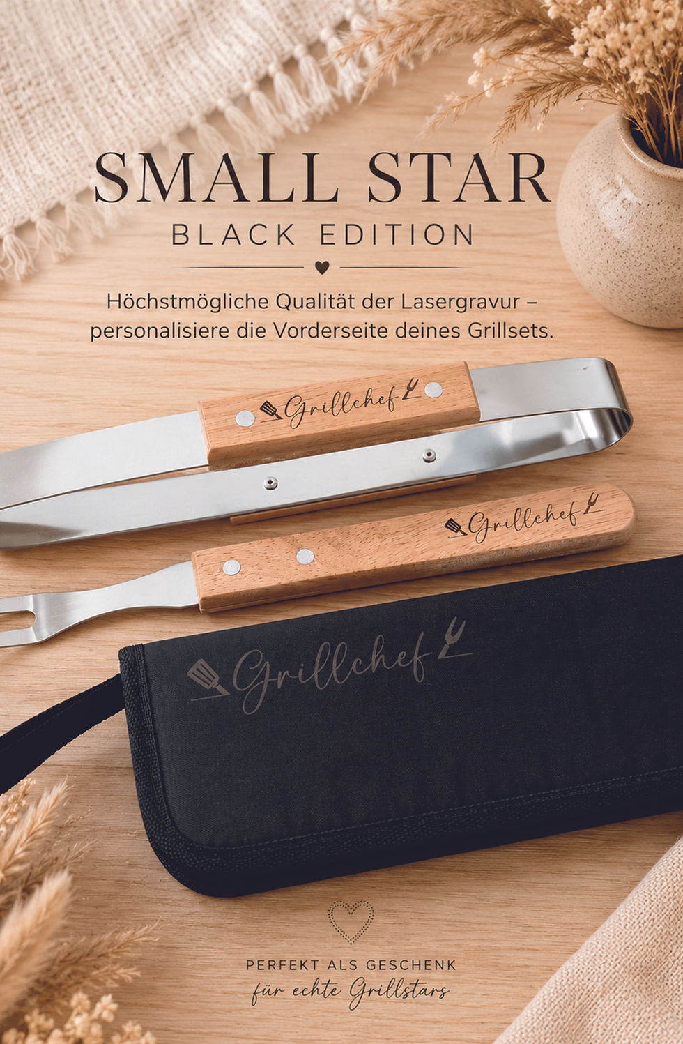 Miniaturbild: Personalisiertes BBQ-Small-Star Grillset–Black Edition mit Lasergravur 3 Teilig