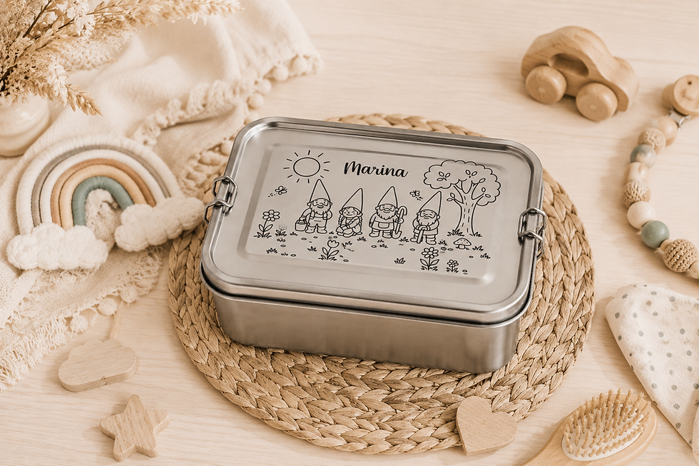 Personalisierte Edelstahl-Lunchbox mit süßem Wichtel-Motiv – inkl. Wunschname