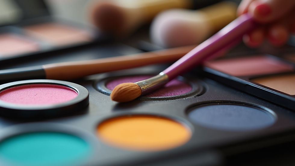 Close-up view of a makeup kit with brushes and colorful cosmetics