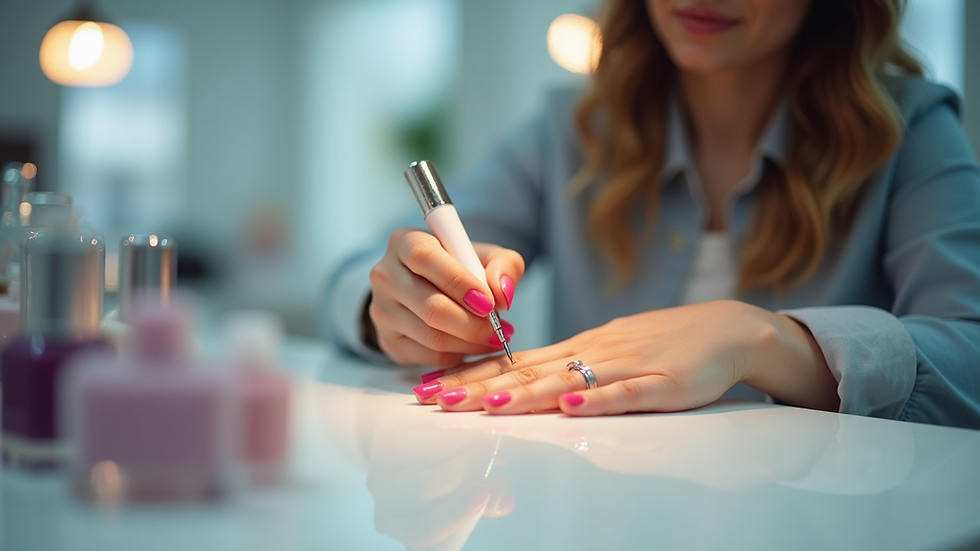 Close-up view of a nail technician applying nail polish in a bright salon