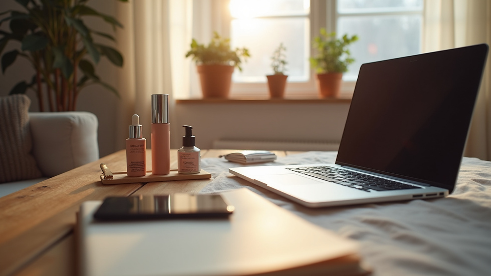 Eye-level view of a cozy home setup with a laptop and beauty products