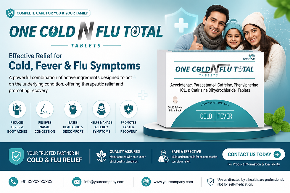 Eye-level view of ONE COLD N FLU TOTAL Tablets premium packaging with a white and teal medical-themed background