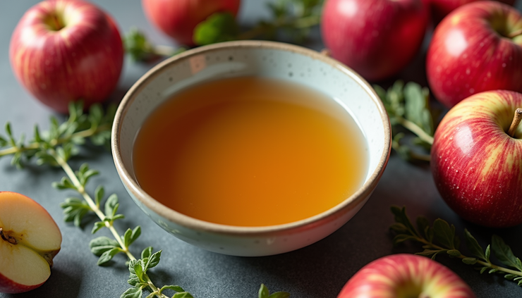 High angle view of a small bowl of Blue Boost Apple Cider Vinegar with fresh apples and herbs around it