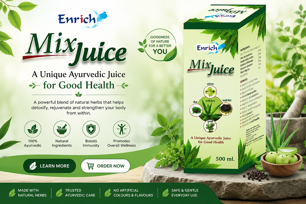 Eye-level view of Enrich MixJuice packaging with natural green and beige background
