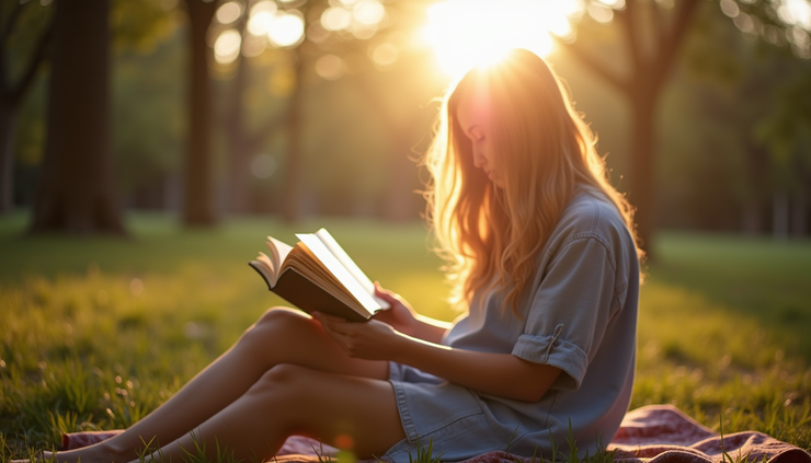 Eye-level view of a person reading a book outdoors in natural light