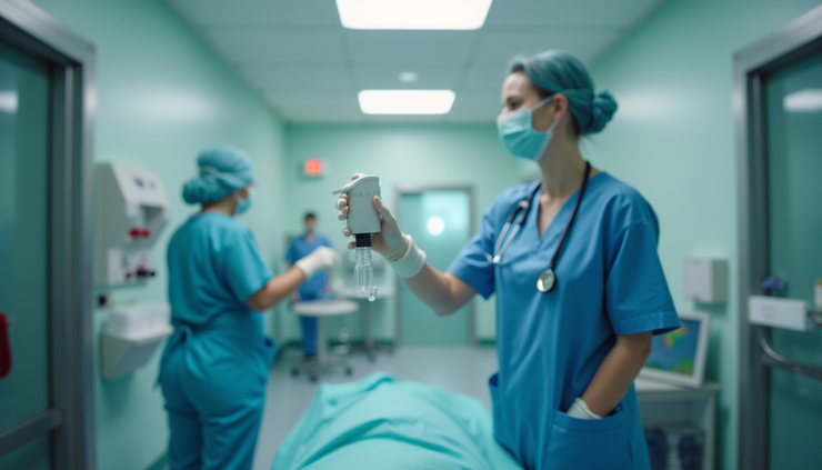 Eye-level view of a hospital nurse using sanitizer dispenser in a surgical room