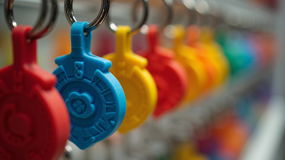 Eye-level view of colorful 3D-printed keychains on display