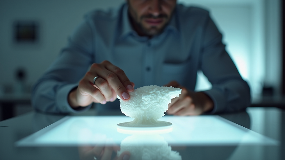 Eye-level view of a person inspecting a custom 3D print in a well-lit room
