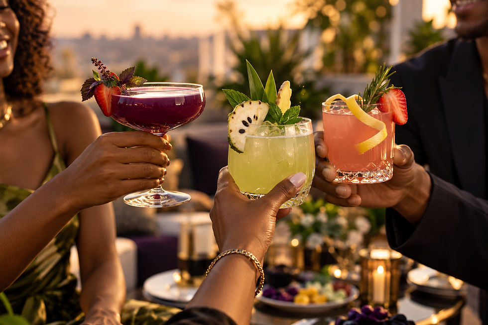 3 people toasting colorful drinks in red, green and pink.