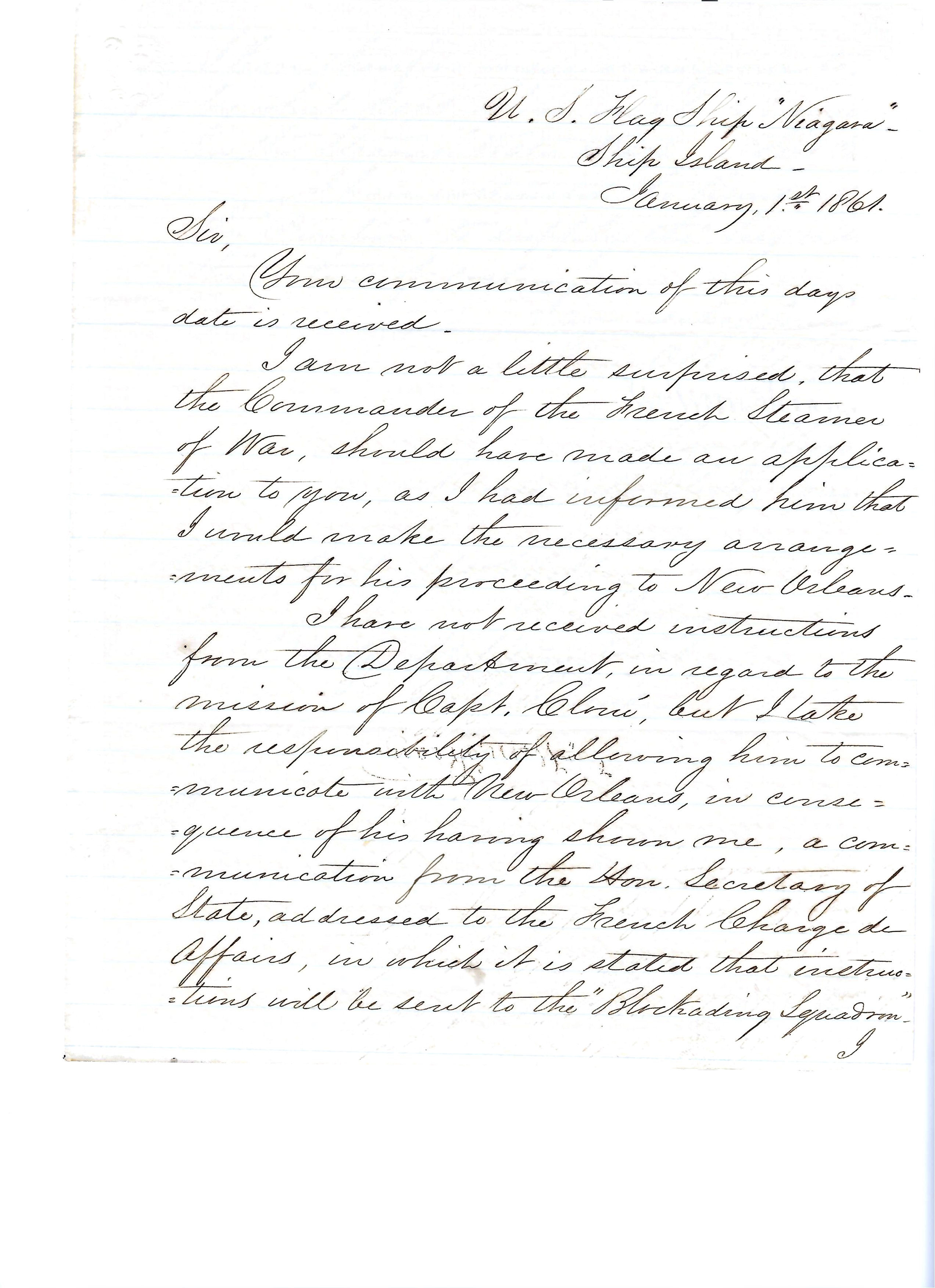 1861 USN Document USS Niagara at Ships Island La.